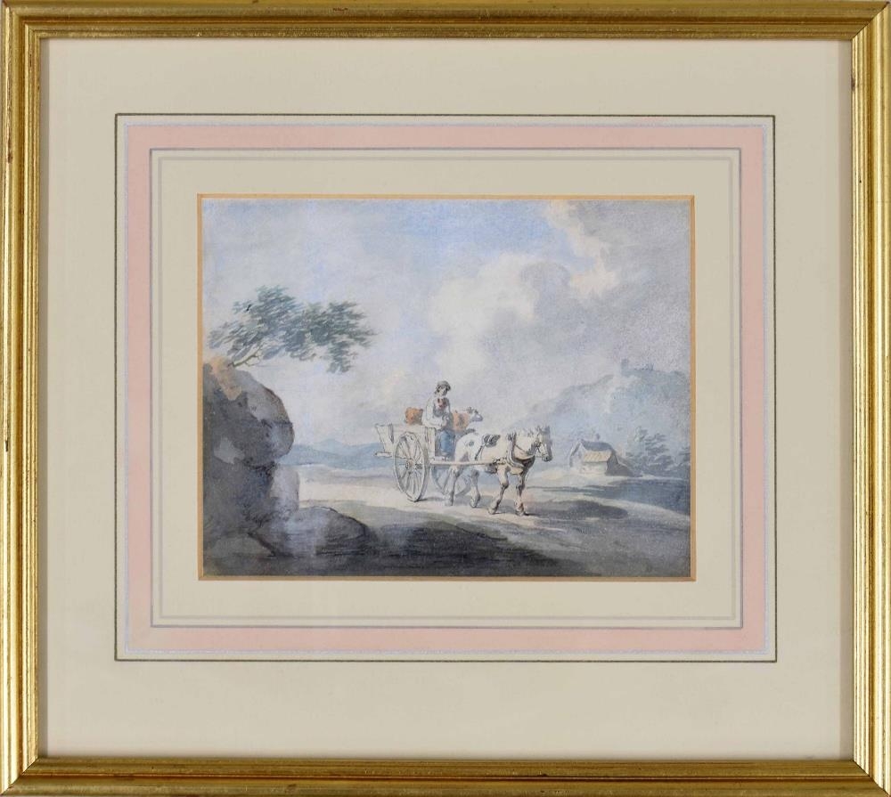 Attributed to Peter la Cave (1769-c.1812) - figure with a young calf in a horse and cart passing a