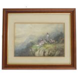 John Holding (19th century) - figures with a stag in a mountainous landscape, signed, watercolour,