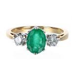 Attractive 18ct yellow gold emerald and diamond three stone ring, the emerald 1.00ct approx, with