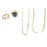 Mixed 9ct jewellery including two necklets and two rings, 22.4gm (139768-1-A)