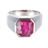 18k white gold ruby solitaire ring, width 13mm, 18.1gm, ring size U/V (7207-2-A) (glass filled ruby)