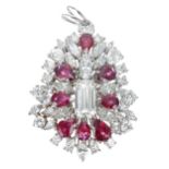 Very attractive white gold ruby and diamond pear shaped pendant, with eight pear shaped rubies,