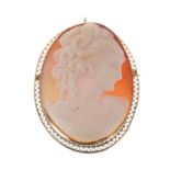 14k yellow gold mounted shell cameo brooch/pendant, depicting a profile of a lady, 15.7gm, 53mm x