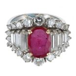 Good ruby and diamond white gold cluster ring, the ruby 1.60ct approx, in a setting of round