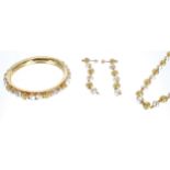 Gold and pearl set bangle, necklace and earrings, 80.1gm  (140187-1-E)