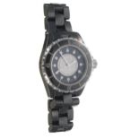 Chanel J12 black ceramic lady's bracelet watch, no. J.H. 89xxx, black and diamond dial, black