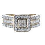 Fancy 9ct yellow gold multi-cut diamond cluster ring, including princess, round brilliant and