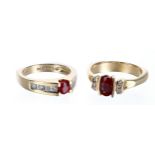 Two good modern 14k ruby and diamond set rings, one set with a round-cut ruby estimated 0.40ct