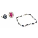 9ct sapphire and diamond bracelet, 7.6gm; 9ct sapphire and diamond cluster ring, 4.1gm, ring size N;