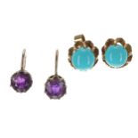 Pair of amethyst set gold earrings; together with a pair of turquoise set cabochon stud earrings,