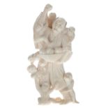 Japanese figural carved ivory okimono depicting a monkey trainer and his monkeys, signature to the