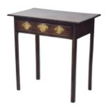 18th century oak side table, the rectangular top over a single frieze drawer applied with brass