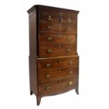 George III mahogany chest on chest, the top with inlaid crossbanded canted sides inset with two