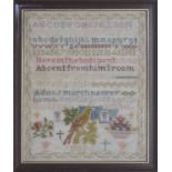 Victorian woolwork sampler by Amelia Scott, aged 12, dated 1883, worked with the alphabet and