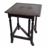 Carved oak square gateleg occasional table, the moulded top with foliate border around central