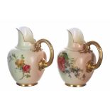 Two small Royal Worcester blush ivory flatback jugs, one with puce mark and one green mark to the