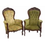 Pair of mahogany upholstered salon chairs in the Victorian style, one plain button upholstered,