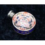 Victorian silver mount porcelain moon flask scent bottle, decorated in Imari pallete, RD number