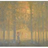 Richard Ewen (1928-2009) - a wooded landscape with a male figure holding a branch, with a