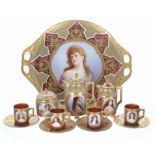 Attractive Vienna porcelain cabaret coffee set, each piece decorated with a portrait of a lady