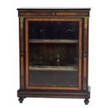 Victorian ebonised and walnut inlaid pier display cabinet, the glazed door enclosing green velour