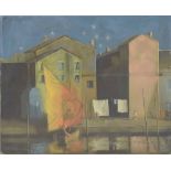 Richard Ewen (1928-2009) - urban landscape with children playing football beside buildings,