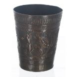 Miniature Indian bronze beaker, decorated with engraved band of deer and flowers, 2.5" high