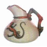 Royal Worcester blush ivory porcelain water jug, with faux bamboo moulded handle and raised lizard