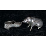 Edward VII imported miniature silver shoe pin cushion, (lacking cushion) decorated in relief with