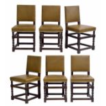 Set of six Cromwellian style studded leather upholstered oak dining chairs, the stuffover