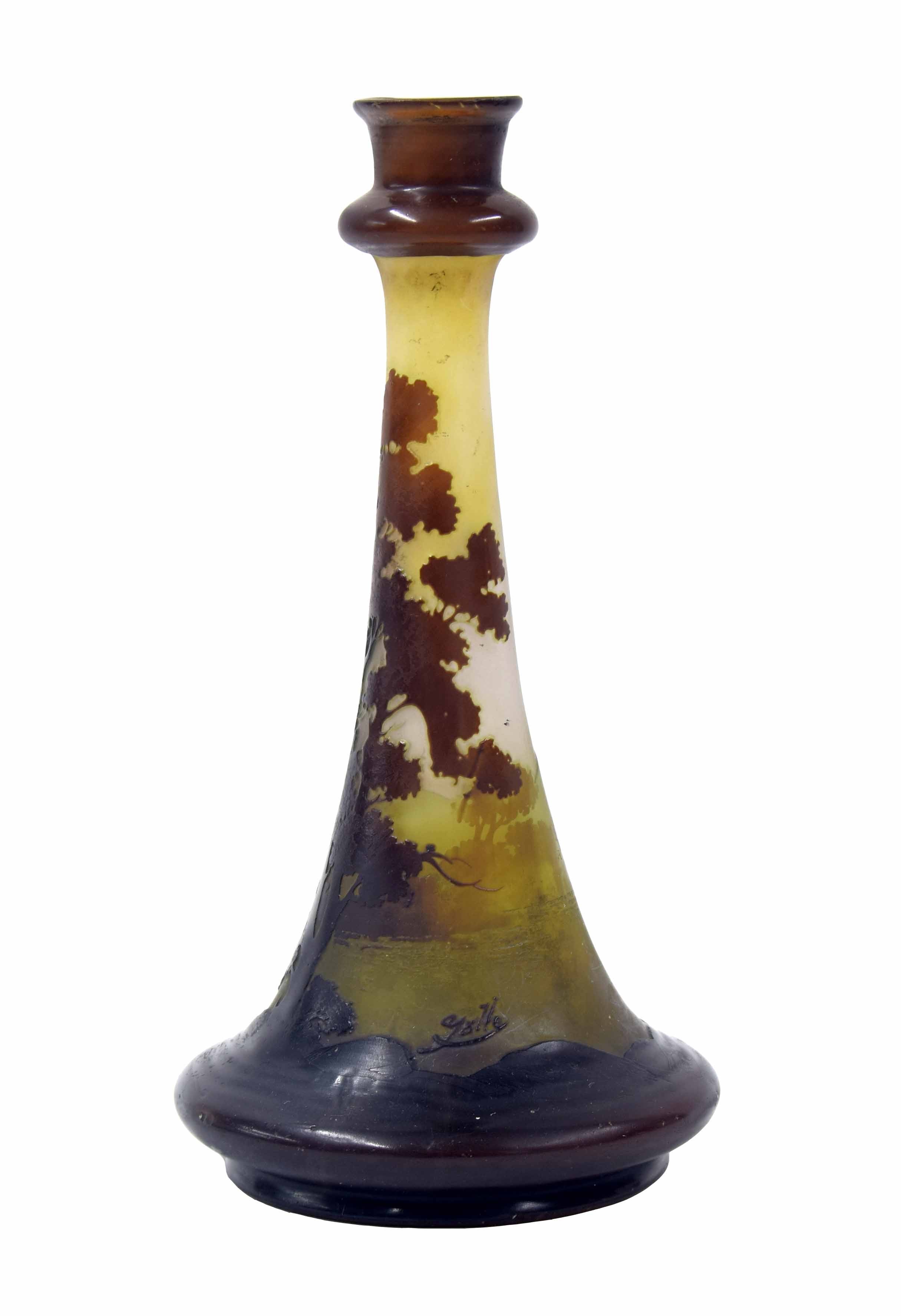 Émile Gallé cameo glass vase, of trumpet form with knopped rim, decorated with a tree by a lake