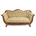 Biedermeier walnut framed settee, with floral button back and arm stuff-over upholstery on scrolling