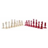 19th century stained bone chess set, kings 2.75", 7cm high (32 pieces)