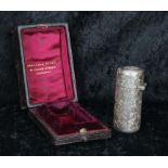 Victorian silver cylindrical form scent bottle, the finely engraved case with monogram to the hinged