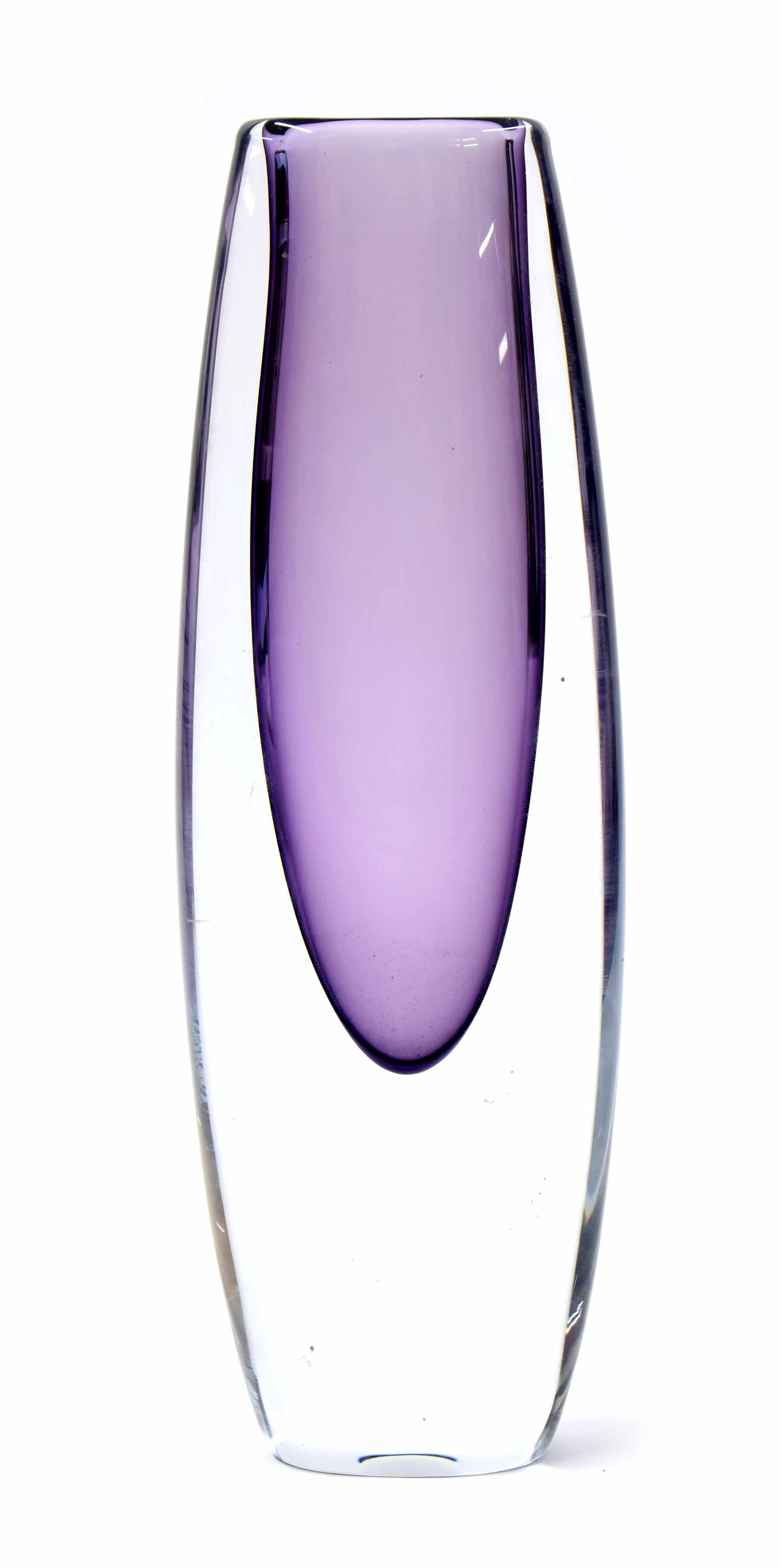 Swedish Sommerso glass vase, with typical purple droplet shaped centre, 10.5" high