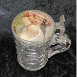 Bohemian cut-glass tankard with pewter mounted hinged cover, the cover inset with portrait miniature