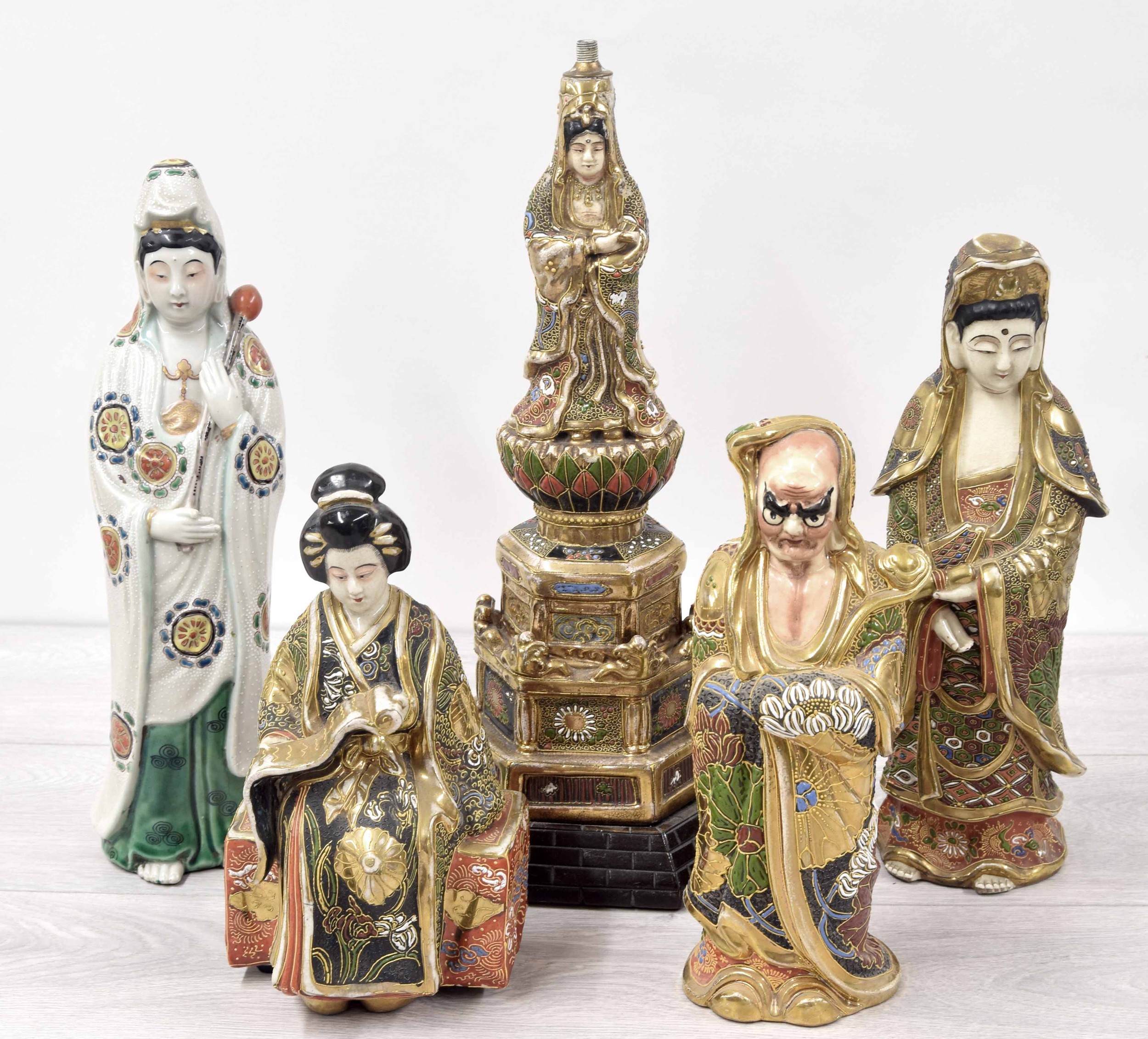 Selection of five Japanese figures including one figural lamp base, 15" high (5)