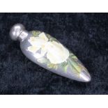 Victorian silver and enamel teardrop scent bottle, decorated with yellow roses, engraved monogram to