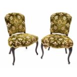 Pair of Hepplewhite style upholstered chairs, each with olive green foliate velvet backs and