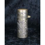 Victorian silver gilt cylindrical scent bottle, the floral and foliate engraved case and hinged