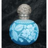 Victorian Thomas Webb silver mounted overlaid cameo glass globe scent bottle, decorated with flowers