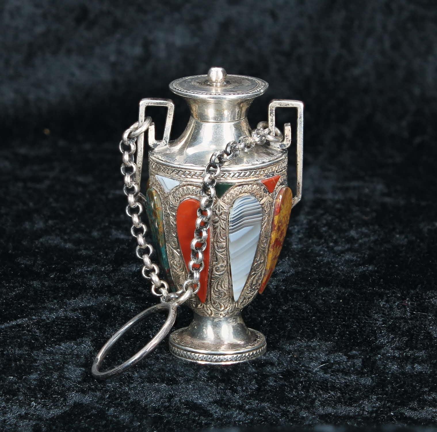 Victorian silver novelty scent bottle modelled as a classical twin-handle vase, the sides mounted