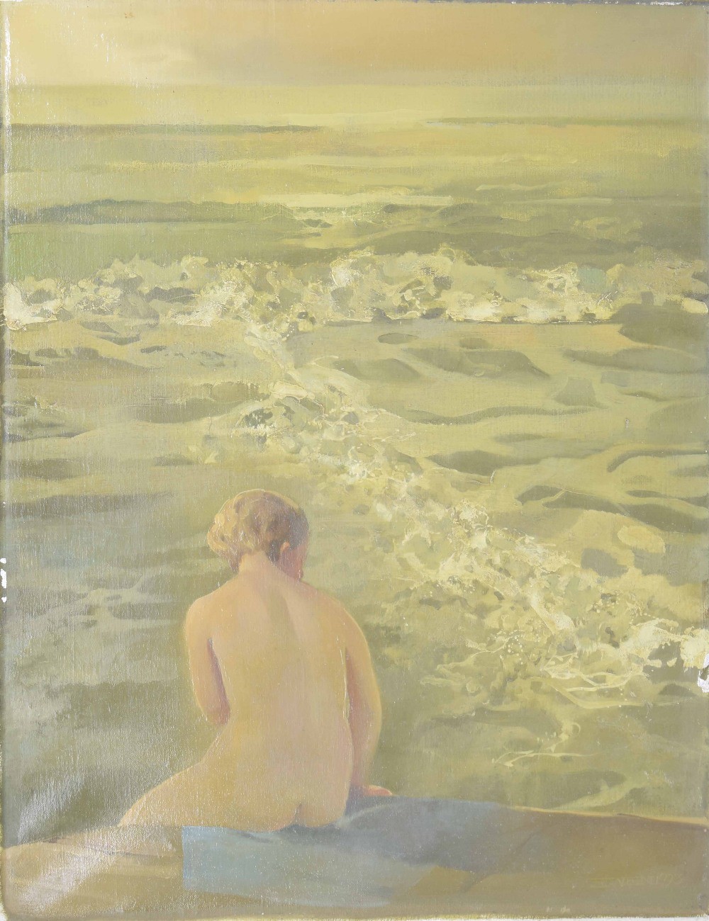Richard Ewen (1928-2009) - a nude female seated upon a harbour wall with the sea beyond, signed Ewen