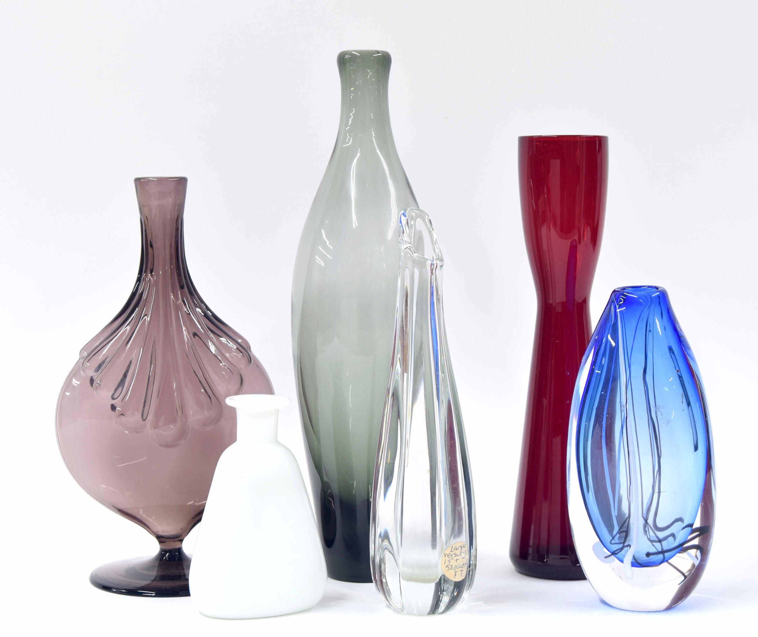 Six art glass vases to included smoked grey bottle vase, 11" high, waisted slim red glass vase,