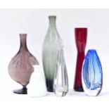 Six art glass vases to included smoked grey bottle vase, 11" high, waisted slim red glass vase,