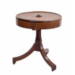 19th century mahogany inlaid drum side table, the moulded top with crossbanded borders over three