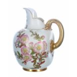 Royal Worcester blush ivory porcelain flat back jug, decorated with gilt highlighted flowers, , puce