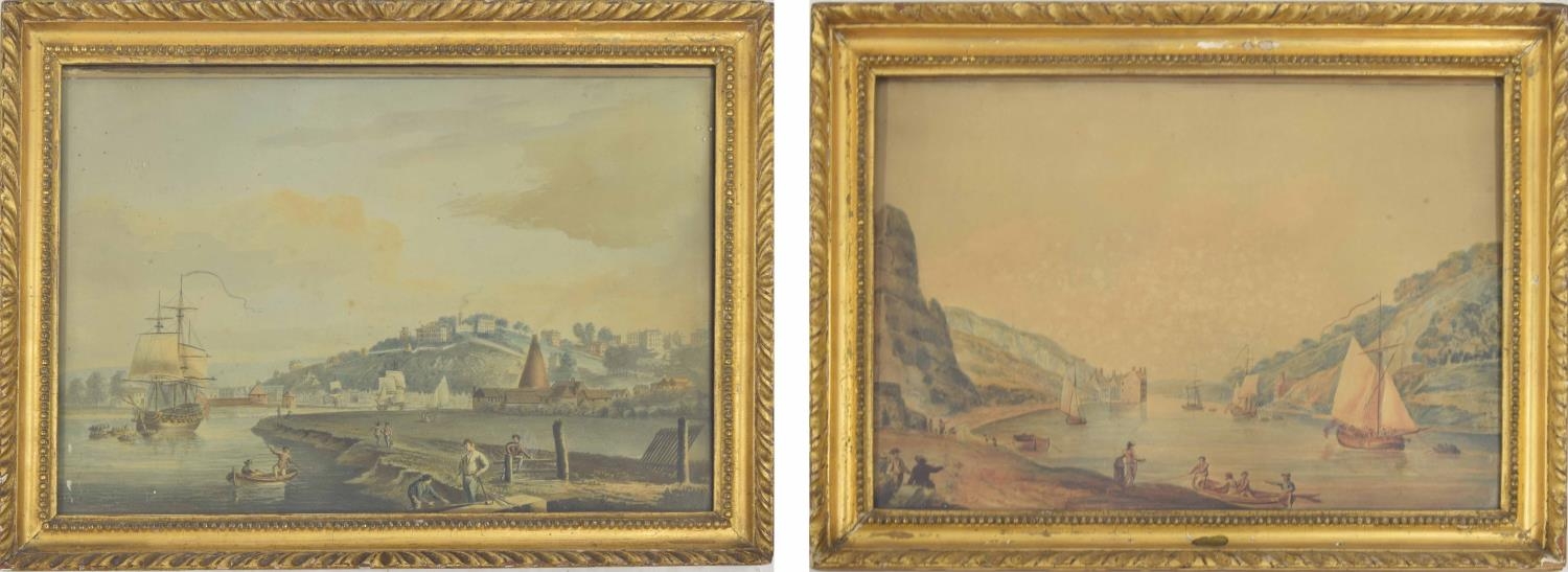 After Nicholas Pocock (1741-1821) - a river scene with figures in the foreground and shipping