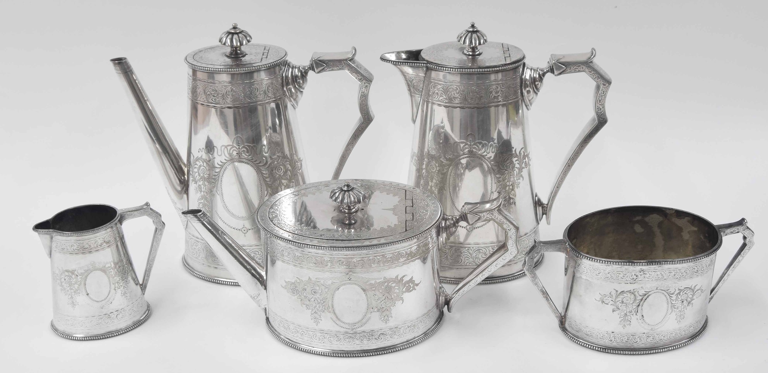 Elkington & Co. silver plated five piece tea and coffee set, comprising coffee pot 8.5" high,