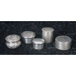 Five small circular silver boxes, including Continental '800' example and others by L.S.L, Matthew